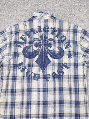 Affliction Black Premium Shirt Mens Large Blue/Yellow Plaid Short Sleeve Logo